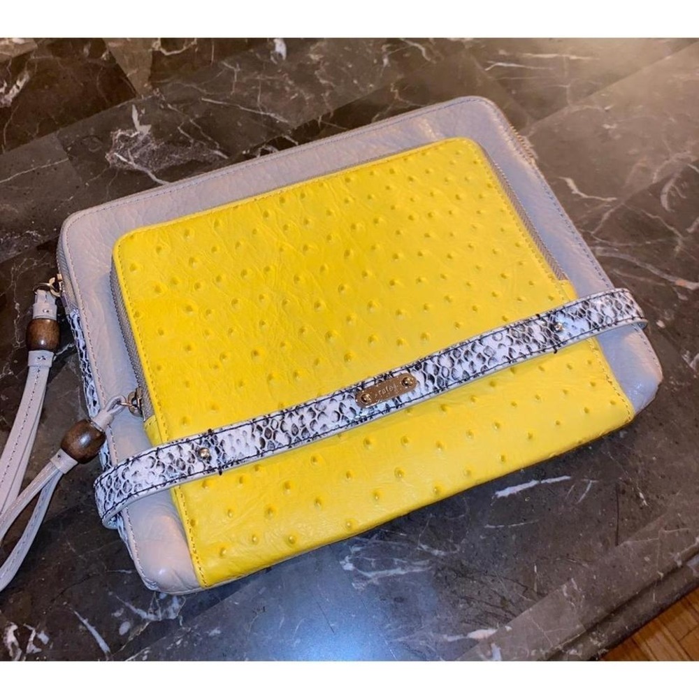 Rafe‎ New York Yellow Ostrich Embossed Taupe Leather Mixed Media Clutch Bag